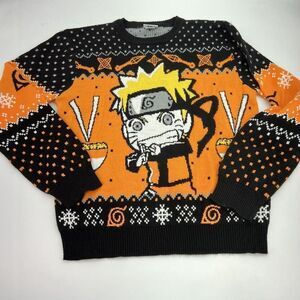 Naruto Shippuden Sweater M Orange Black Chibi Naruto & Ramen Holiday Crew Neck